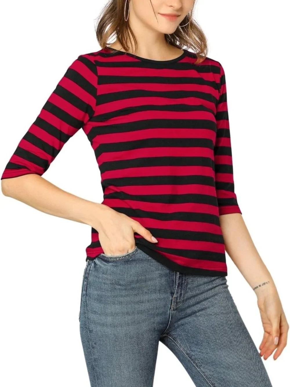 Casual Printed Slim Fit Elbow Sleeve Top - Round Neck Basic Tee for Women